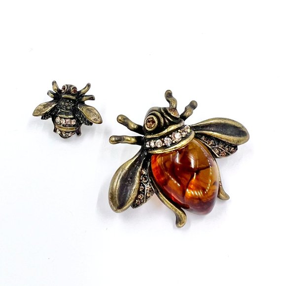 Jewelry - NWOT - Large Amber Bumble Bee & Small Bee Brass Tone Pin & Brooch Set
